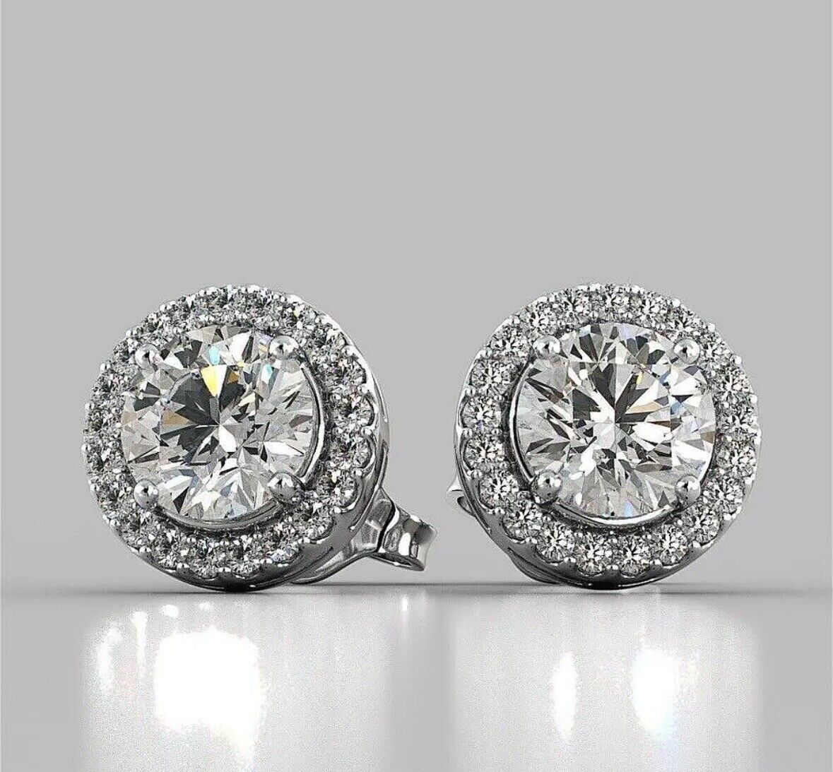 4 Ct Halo Round Cut FL/D Lab Created Stud Earrings 14K White Gold 8mm Push Back