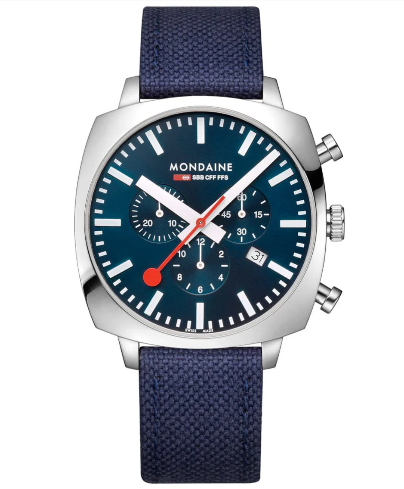 Mondaine Grand Cushion 41mm Chronograph Blue Dial Swiss Watch Set Mesh + Textile