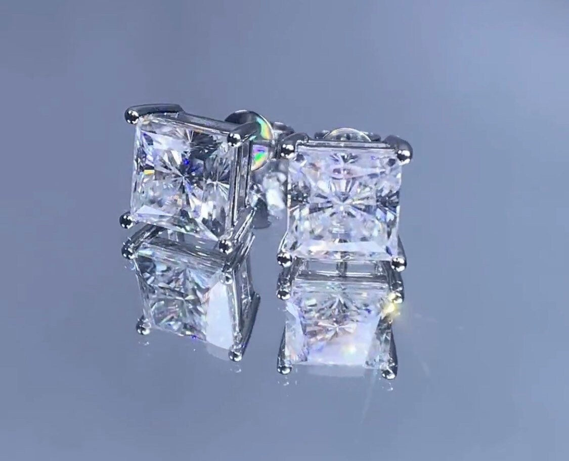 3 Ct Princess Cut FL/D GRA Moissanite Stud Earrings 14K Solid White Gold 6.5mm
