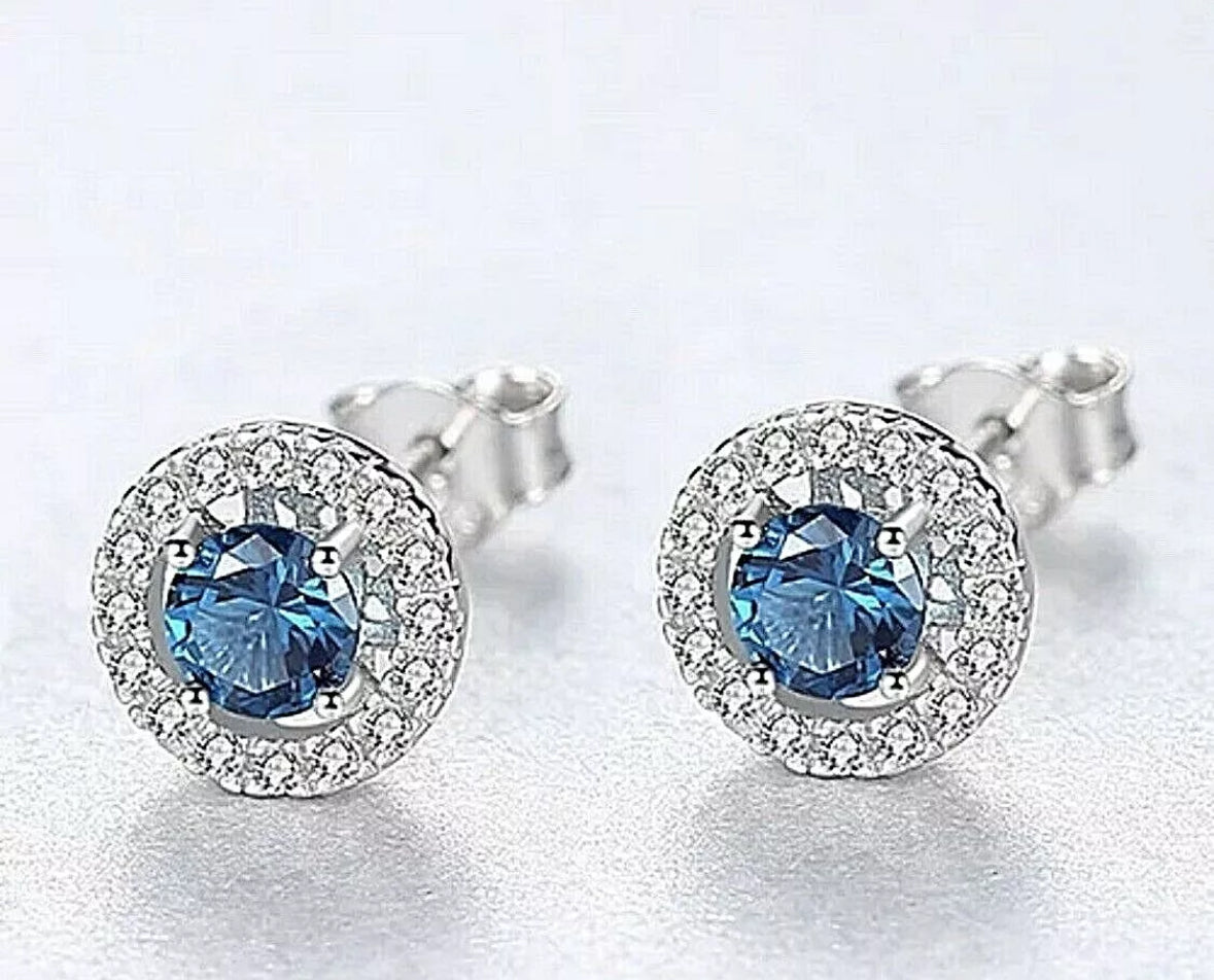 4.00 Ct Round Lab Created Blue & White Sapphire Halo Stud Earrings 14K White Gold Push Back