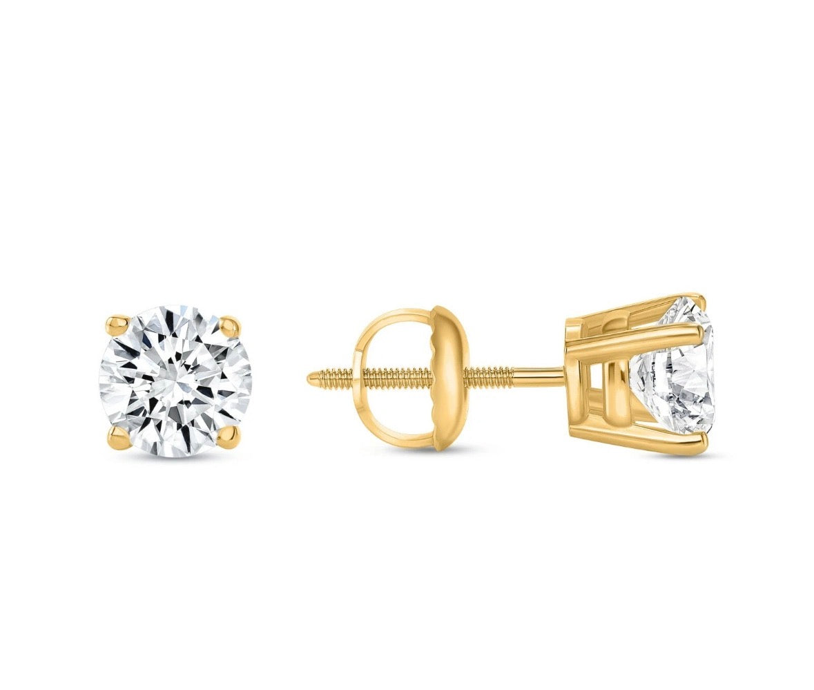 1.00 Ct Round Lab Grown Certified E/VS1 Diamond Earrings 14K Solid Yellow Gold Basket 6mm Screw