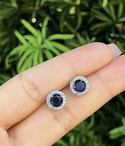 4.00 Ct Round Lab Created Blue & White Sapphire Halo Stud Earrings 14K White Gold Push Back