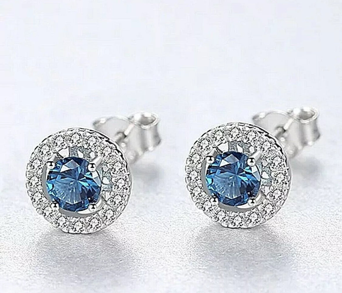 4.00 Ct Round Lab Created Blue & White Sapphire Halo Stud Earrings 14K White Gold 7mm Push Back