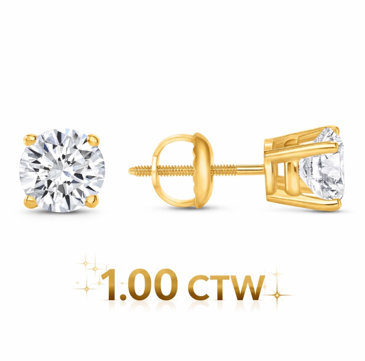 1.00 Ct Round Lab Grown Certified E/VS1 Diamond Earrings 14K Solid Yellow Gold Basket 6mm Screw