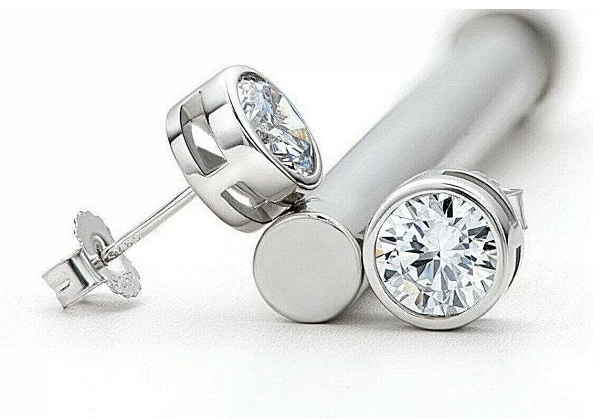 4.00 Ct Round Cut VVS1/D Lab Created Bezel Stud Earrings 14K White Gold 7mm Push Back