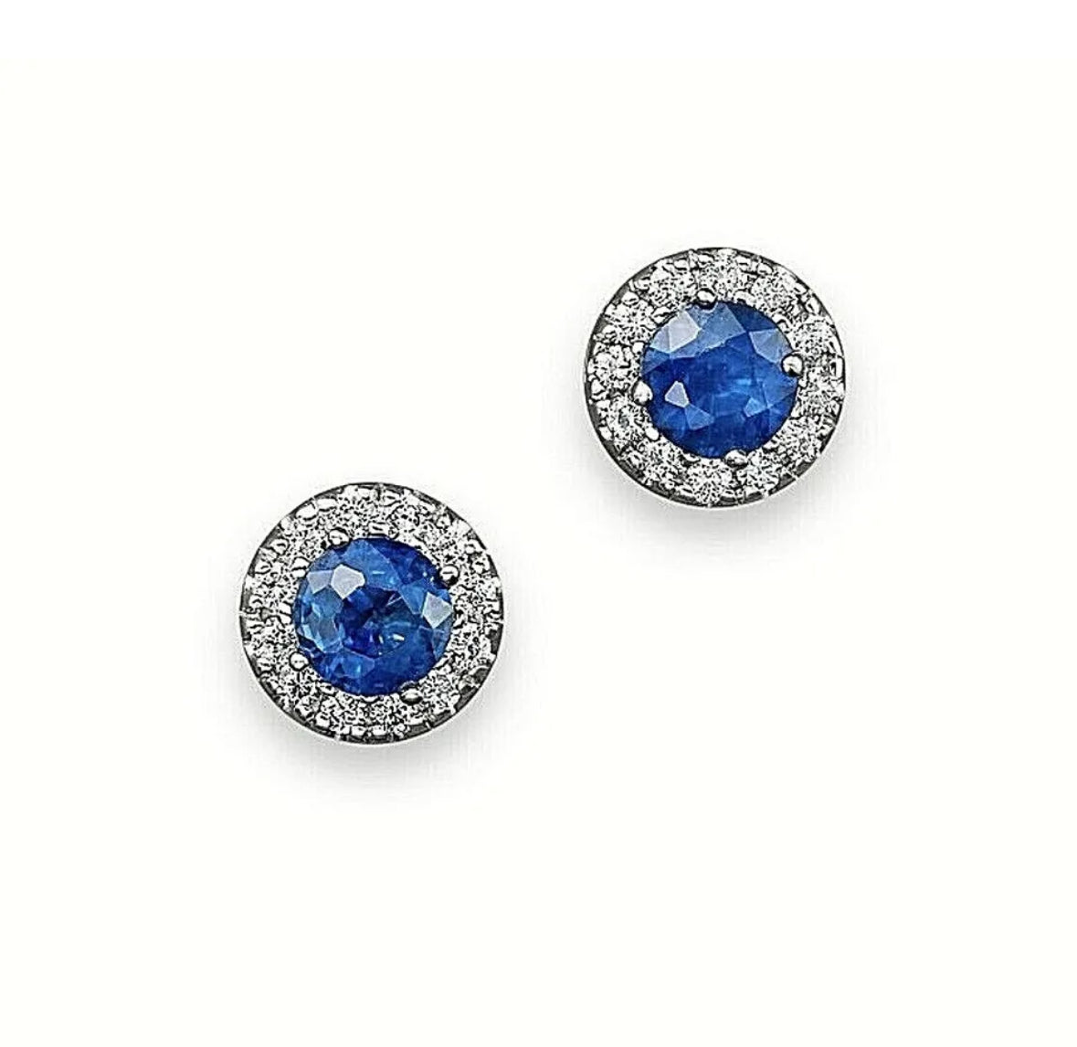 4.00 Ct Round Lab Created Blue & White Sapphire Halo Stud Earrings 14K White Gold 7mm Push Back