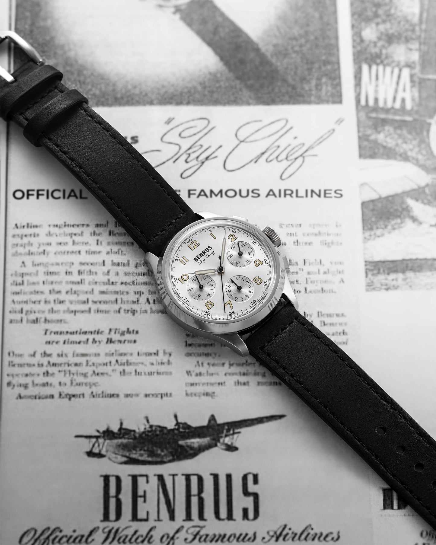 BENRUS Sky-Chief Cirrus White COSC Chronometer ETA 2894 36mm Men's Swiss Watch