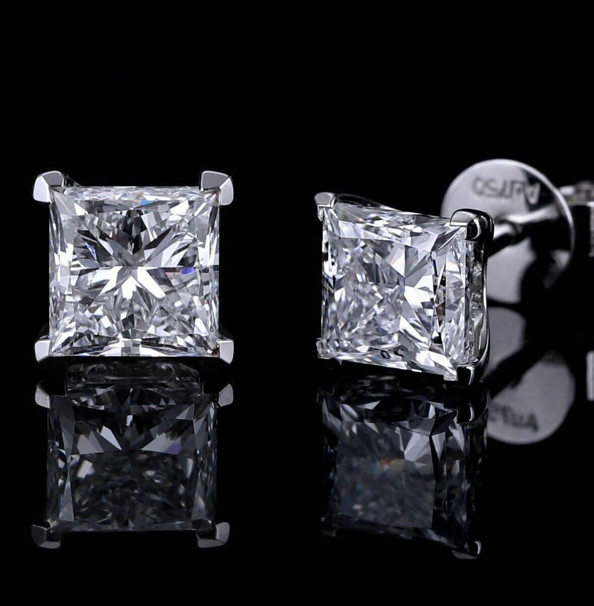 3 Ct Princess Cut VVS1/D Lab Created Stud Earrings 14k White Gold 7mm Push Back
