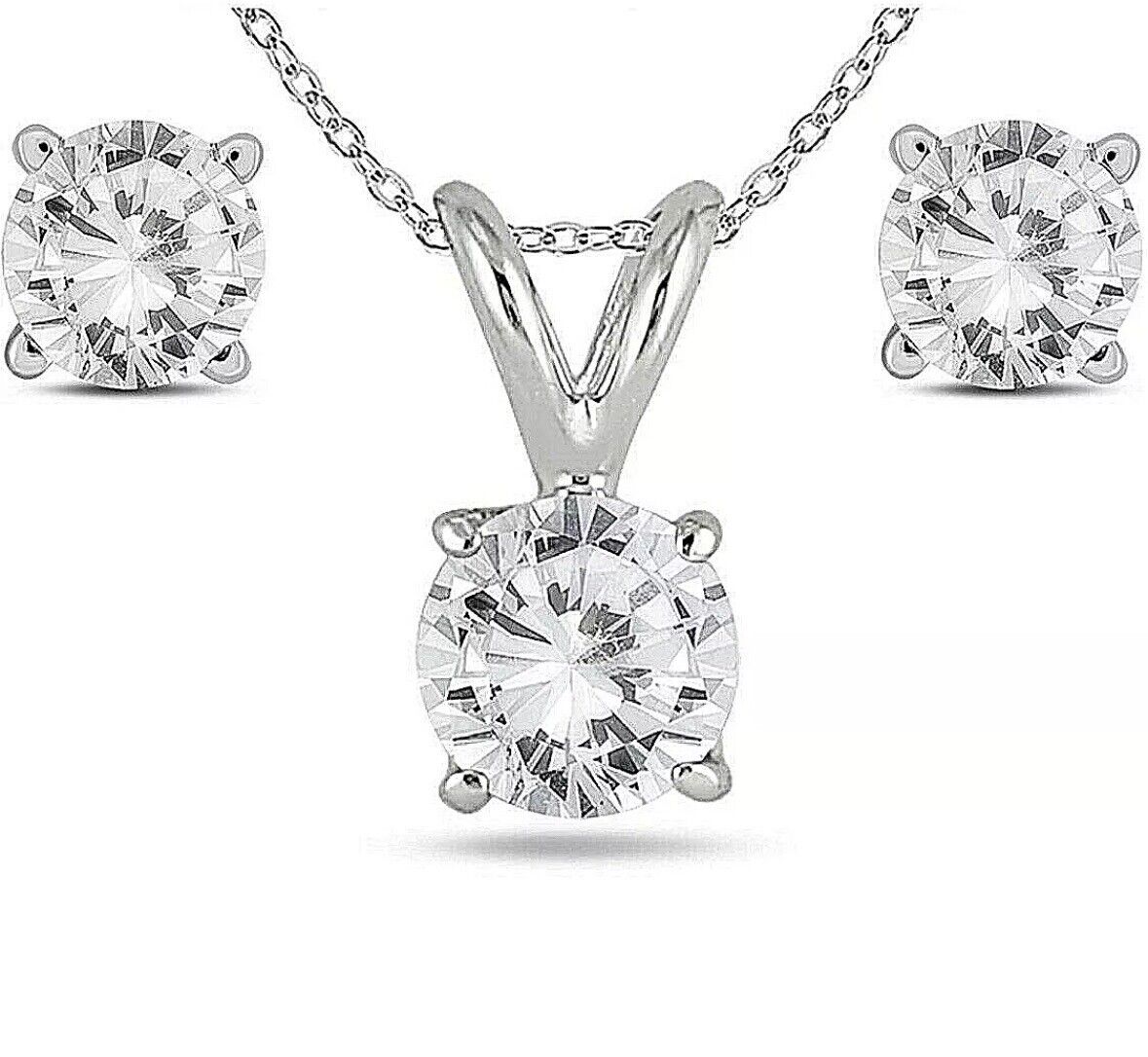 6 Ct Round Cut Moissanite Solitaire Necklace & Studs Earrings Set 14K White Gold Value $1195