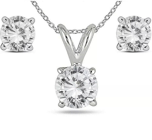 6 Ct Round Cut Moissanite Solitaire Necklace & Studs Earrings Set 14K White Gold Value $1195