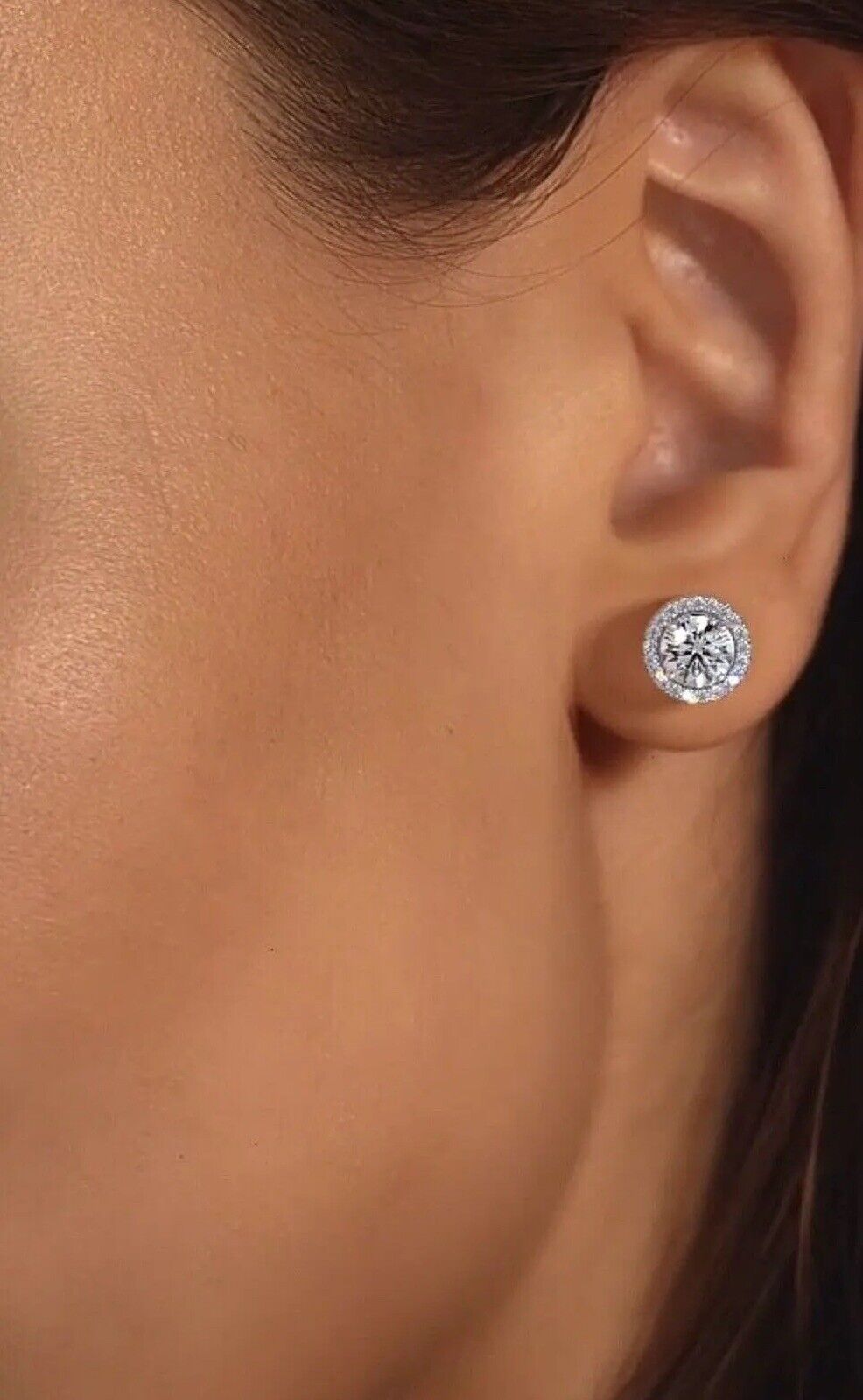 4 Ct Round Cut Lab Created Halo FL/D Stud Earrings 14K White Gold 8mm Push Back