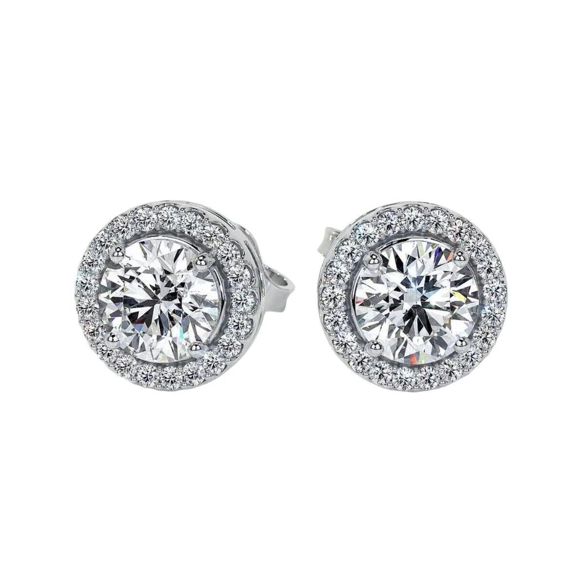 4 Ct Round Cut Lab Created Halo FL/D Stud Earrings 14K White Gold 8mm Push Back