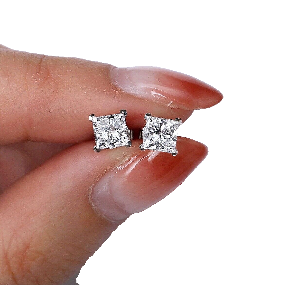 2.40 Ct Princess Cut FL/D Certified Moissanite Stud Earrings 14k White Gold 6mm Screw Back