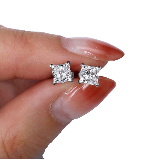 2.40 Ct Princess Cut FL/D Certified Moissanite Stud Earrings 14k White Gold 6mm Screw Back