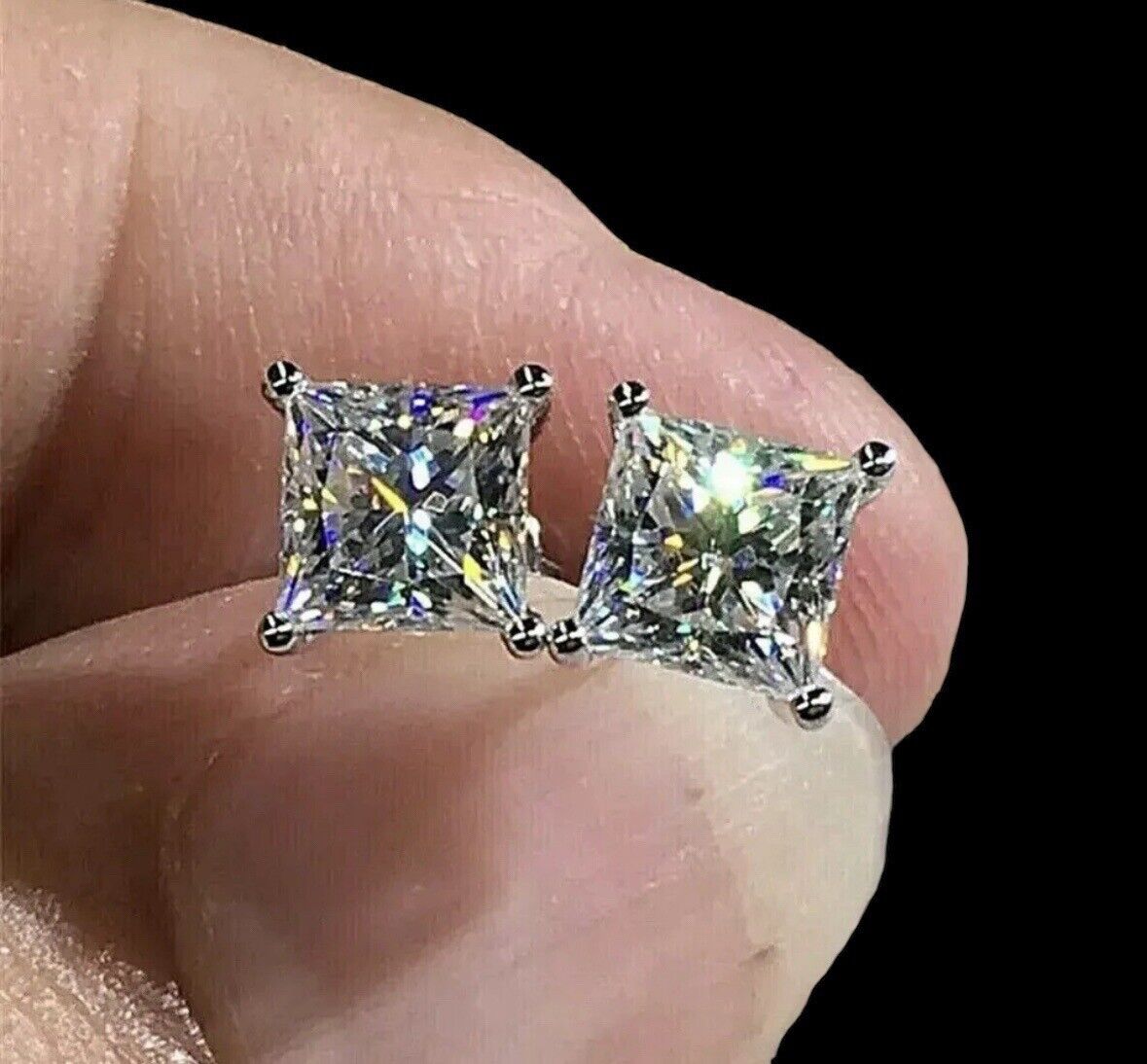 4 Ct Princess Cut FL/D Lab Created White Sapphire Stud Earrings 14k White Gold