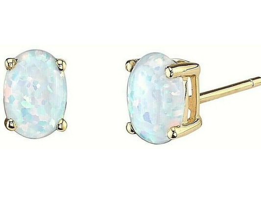2.00 Carat Opal Oval Shape Stud Earrings 14k Yellow Gold 7mm Push Back
