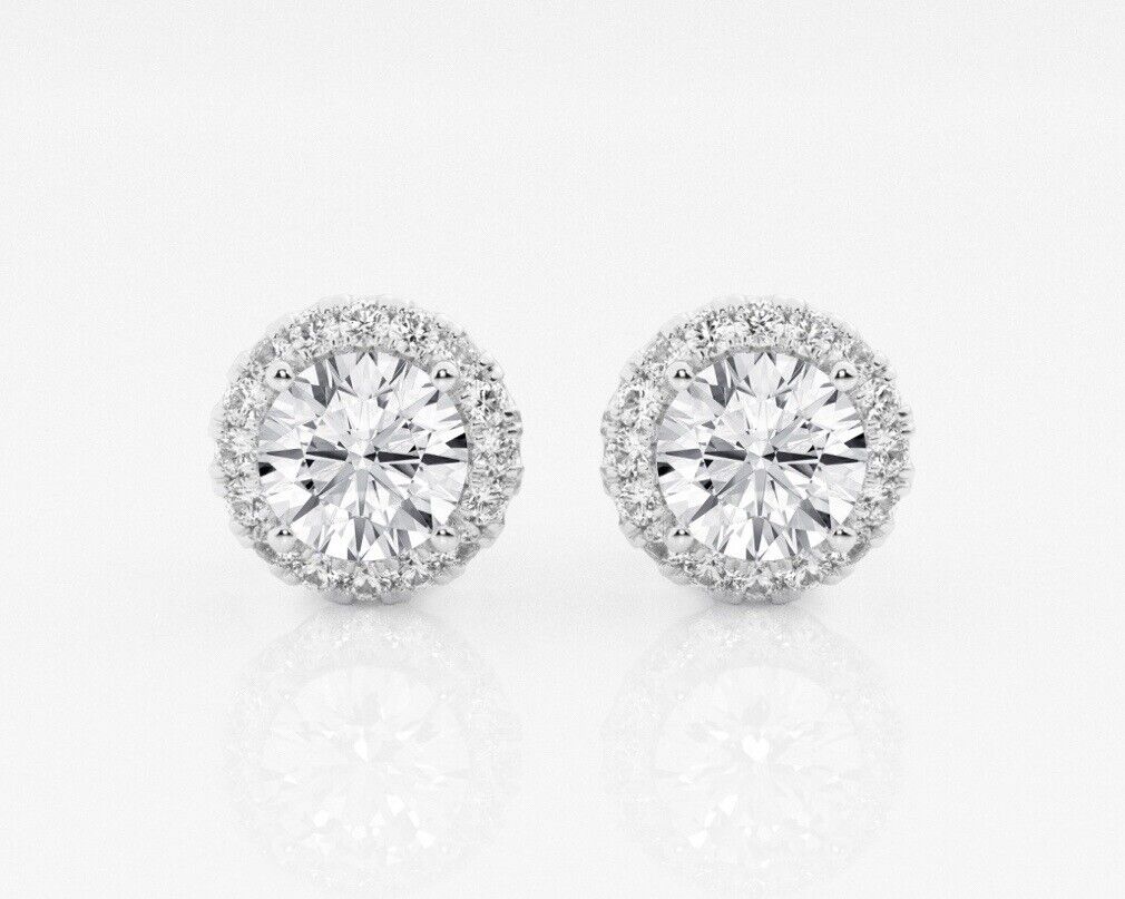 4 Ct Halo Round Cut FL/D Lab Created Stud Earrings 14K White Gold 8mm Push Back