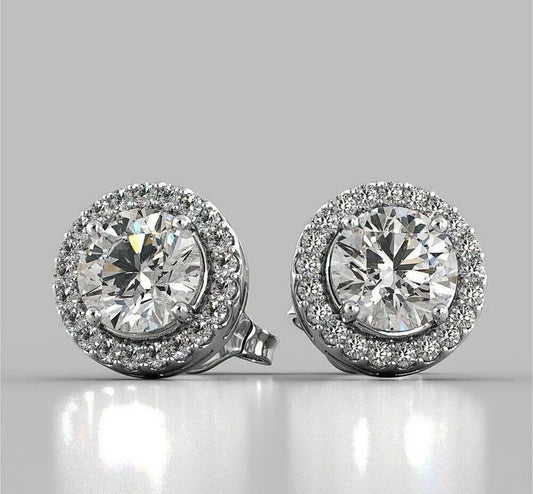 4 Ct Halo Round Cut FL/D Lab Created Stud Earrings 14K White Gold 8mm Push Back