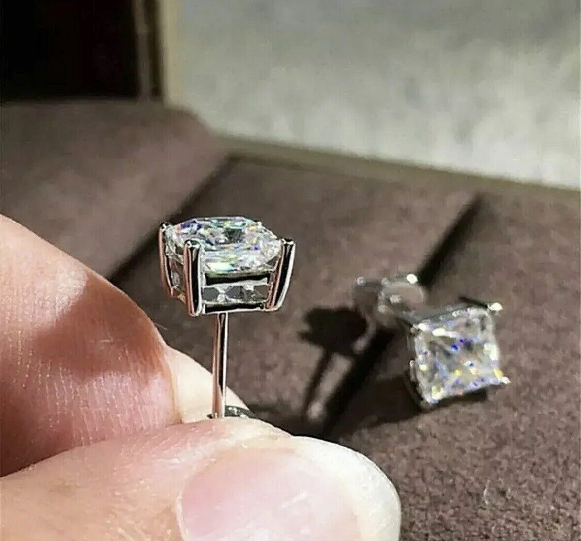 4 Ct Princess Cut FL/D Lab Created White Sapphire Stud Earrings 14k White Gold