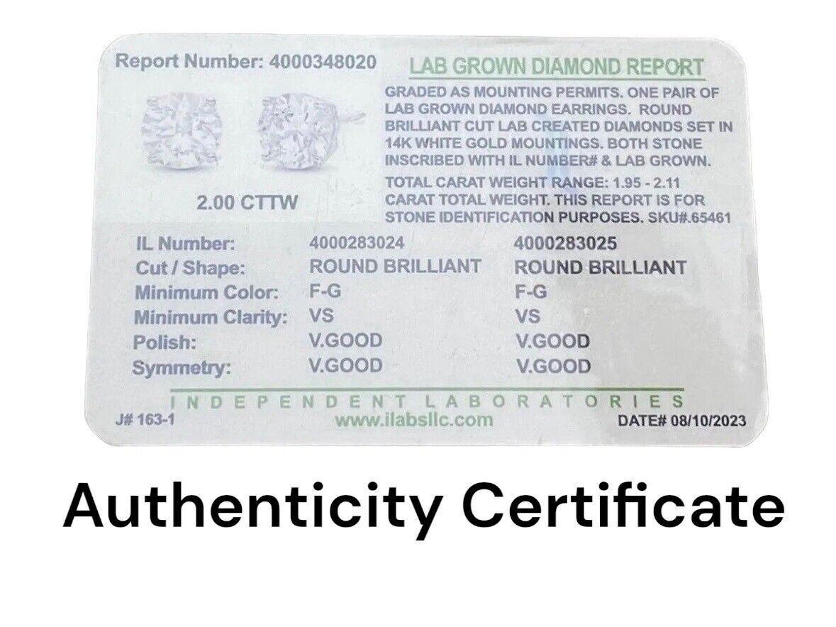 2.00 Ct Round Cut VS2/F Certified Lab Grown Diamond Stud Earrings 14k White Gold