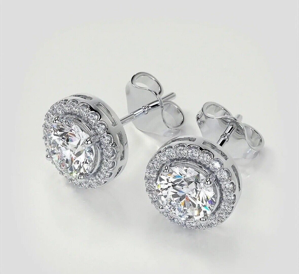 4 Ct Halo Round Cut FL/D Lab Created Stud Earrings 14K White Gold 8mm Push Back