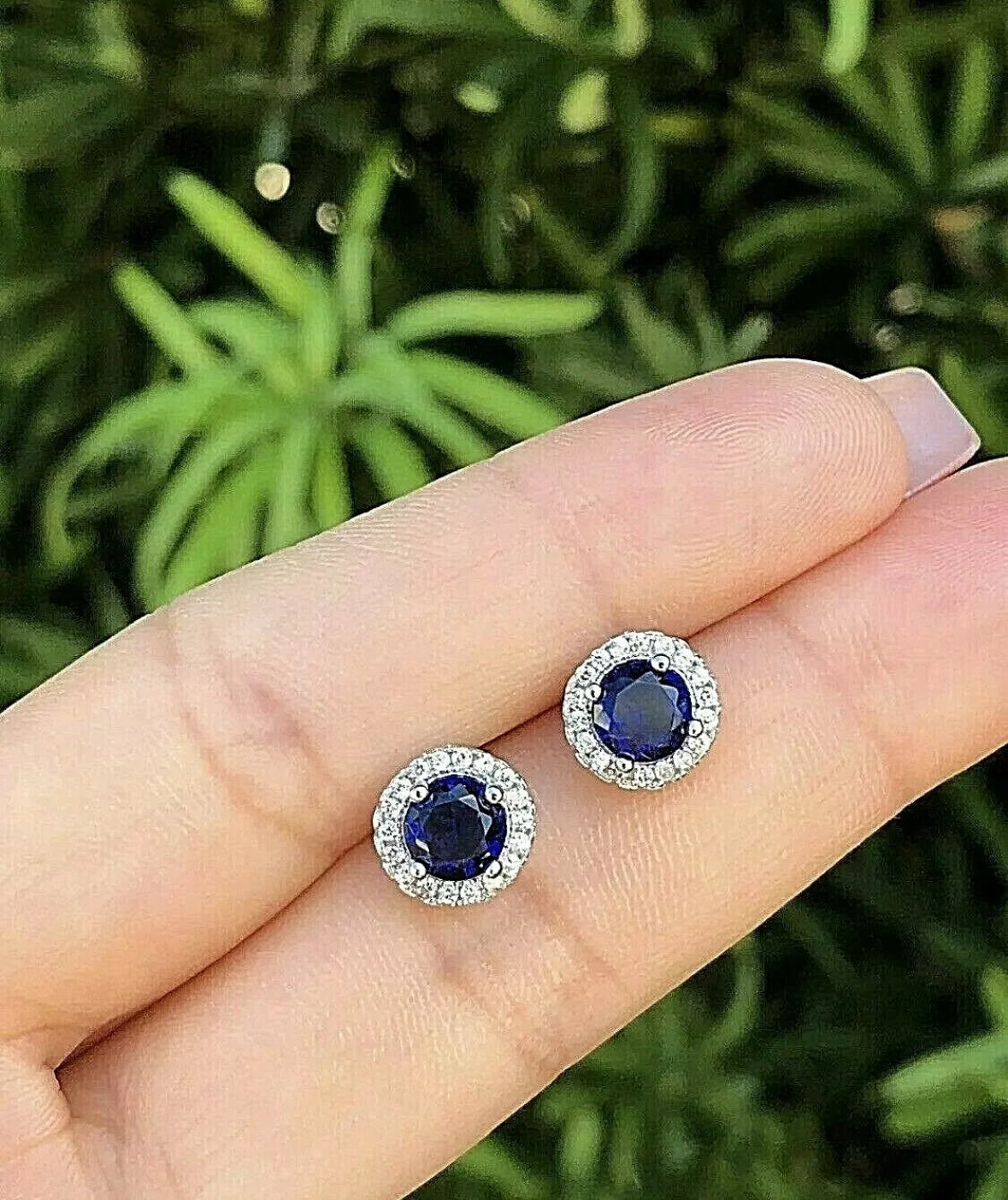 4.00 Ct Round Lab Created Blue & White Sapphire Halo Stud Earrings 14K White Gold 7mm Push Back