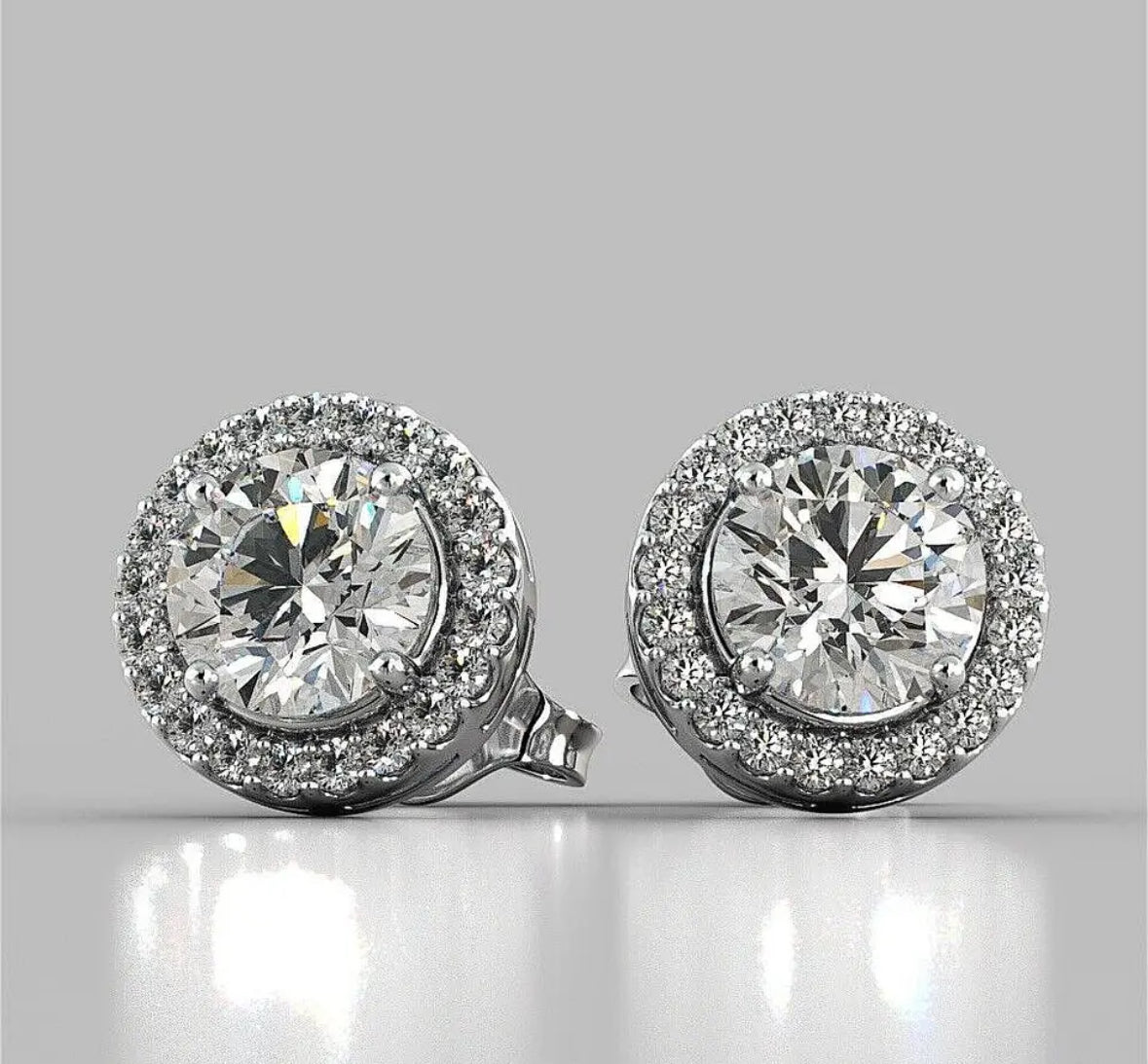 4.00 Ct Halo Round Cut VVS1/D Lab Created Stud Earrings 14K White Gold 8mm Push Back