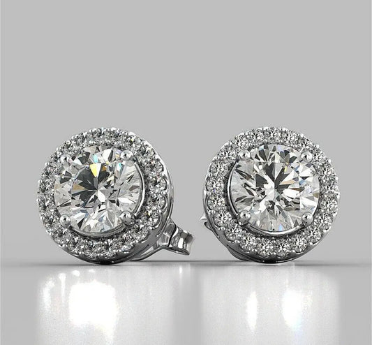 4.00 Ct Halo Round Cut VVS1/D Lab Created Stud Earrings 14K White Gold 8mm Push Back