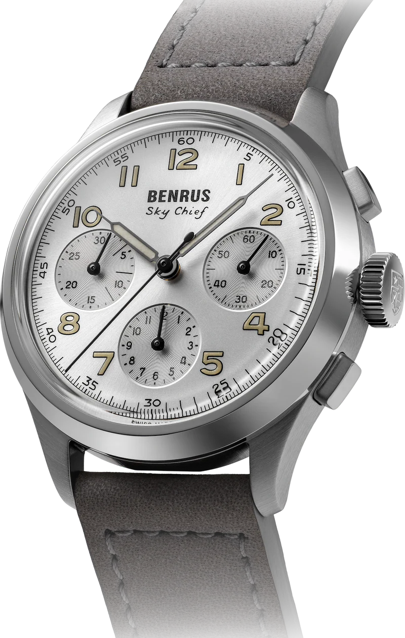 BENRUS Sky-Chief Cirrus White COSC Chronometer ETA 2894 36mm Men's Swiss Watch