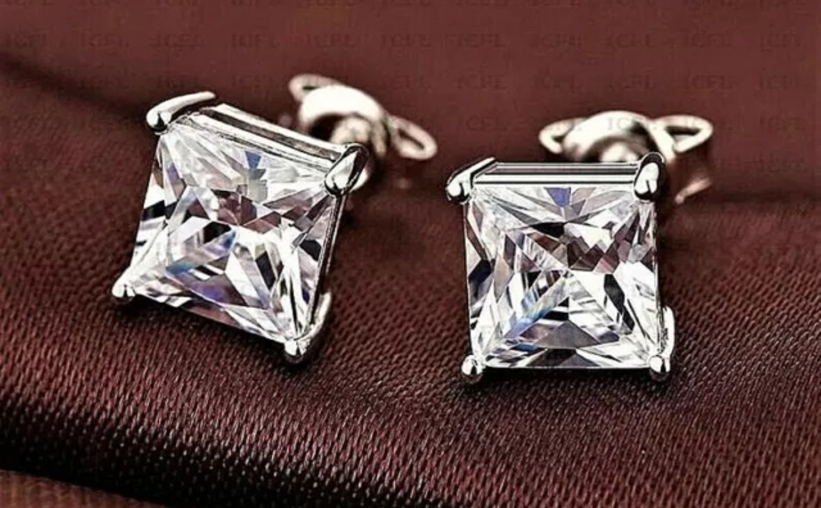 3.00 Ct Princess Cut Certified VVS1/D Real Moissanite Stud Earrings 14K White Gold 6.5mm