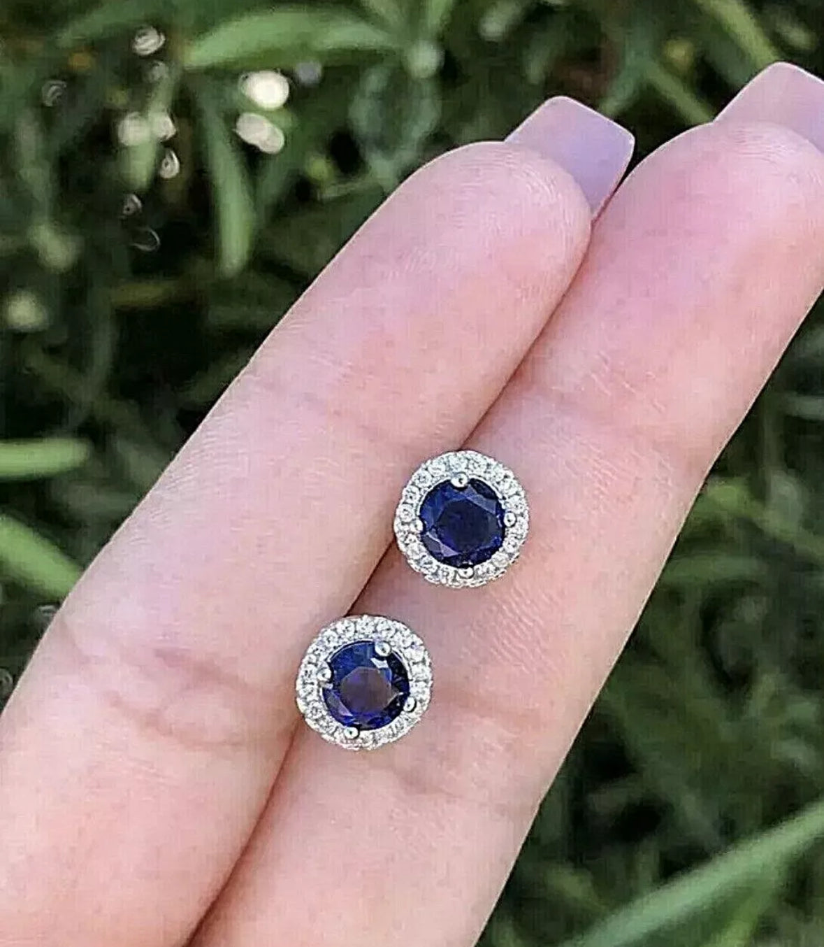 4.00 Ct Round Lab Created Blue & White Sapphire Halo Stud Earrings 14K White Gold 7mm Push Back