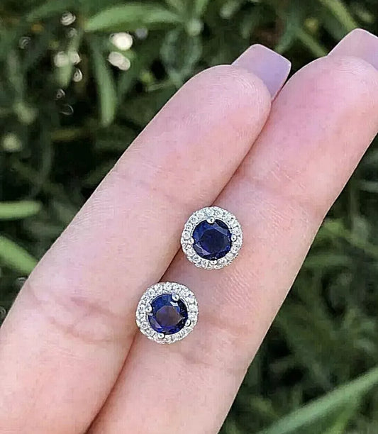 4.00 Ct Round Lab Created Blue & White Sapphire Halo Stud Earrings 14K White Gold 7mm Push Back