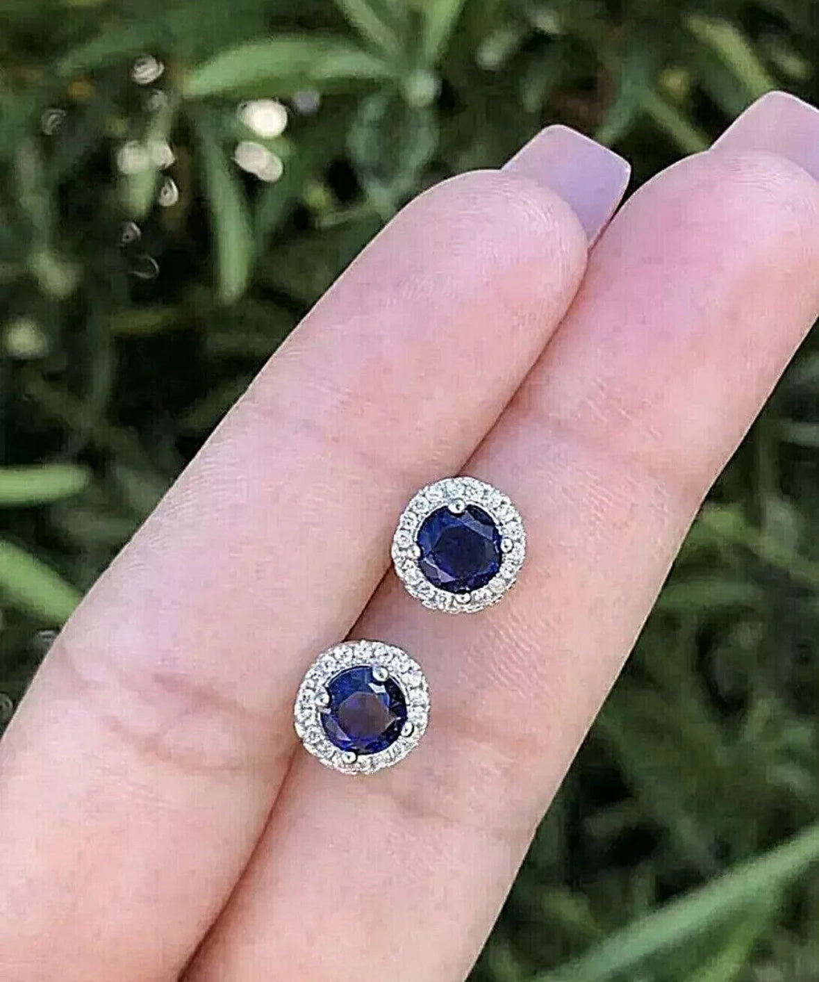 4.00 Ct Round Lab Created Blue & White Sapphire Halo Stud Earrings 14K White Gold Push Back