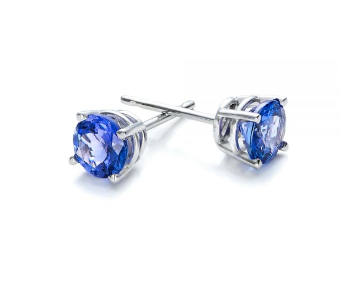 2.00 Ct Round Cut Lab Created Tanzanite Stud Earrings 14k White Gold 7mm Push Back