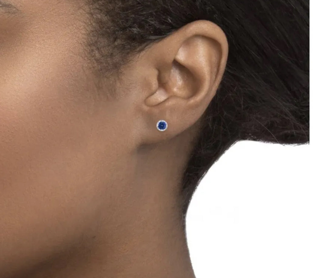 4.00 Ct Round Lab Created Blue & White Sapphire Halo Stud Earrings 14K White Gold 7mm Push Back