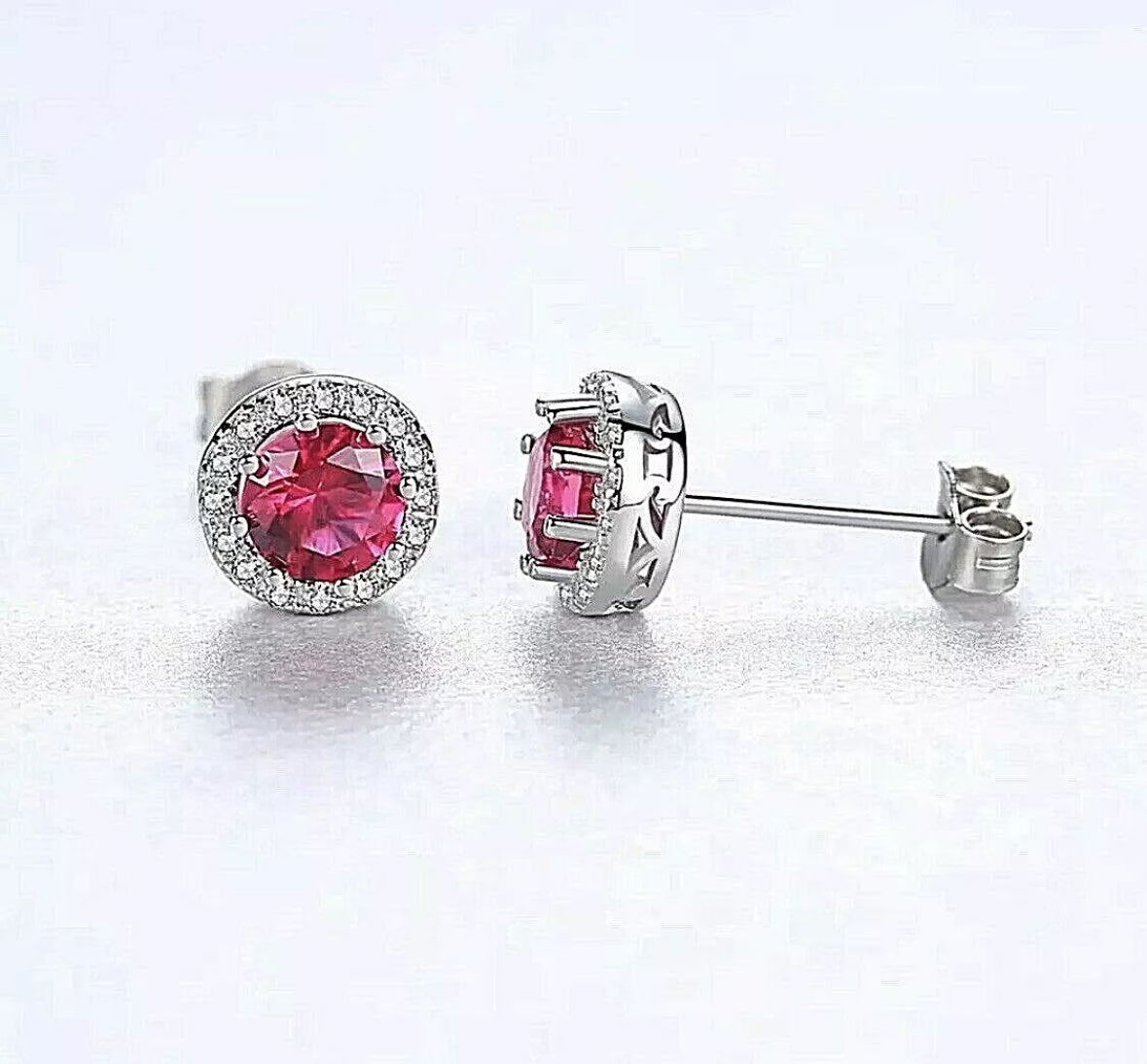 4.00 CT Round Cut Red & White Lab Created Sapphire Stud Earrings 14K White Gold 7mm Push Back