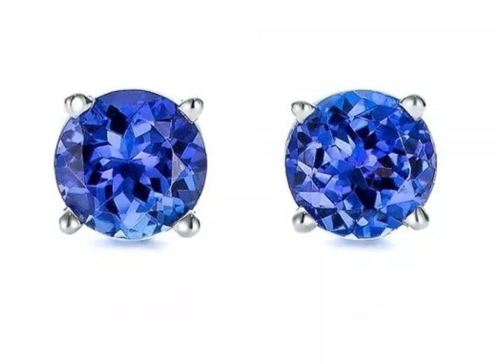 2.00 CT TANZANITE STUD EARRINGS 14K WHITE GOLD ROUND CUT BASKET PUSH BACK 7MM