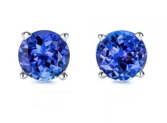 2.00 CT TANZANITE STUD EARRINGS 14K WHITE GOLD ROUND CUT BASKET PUSH BACK 7MM
