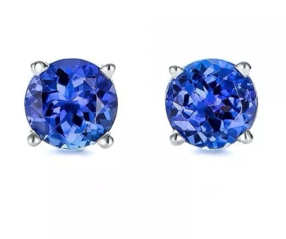 2.00 CT TANZANITE STUD EARRINGS 14K WHITE GOLD ROUND CUT BASKET PUSH BACK 7MM