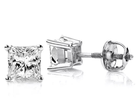 4.00 Ct Princess Cut VVS1/D Lab Created Stud Earrings 7mm 14k White Gold Screw Back