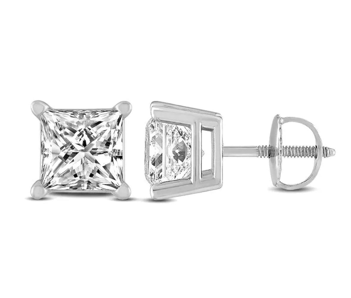 3 Ct Princess Cut FL/D GRA Moissanite Stud Earrings 14K Solid White Gold 6.5mm