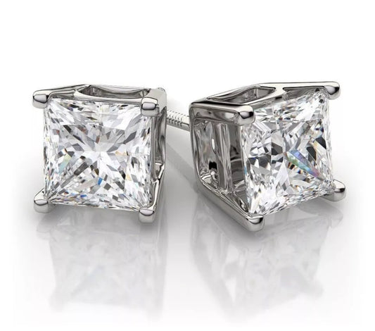 3 Ct Princess Cut FL/D GRA Moissanite Stud Earrings 14K Solid White Gold 6.5mm