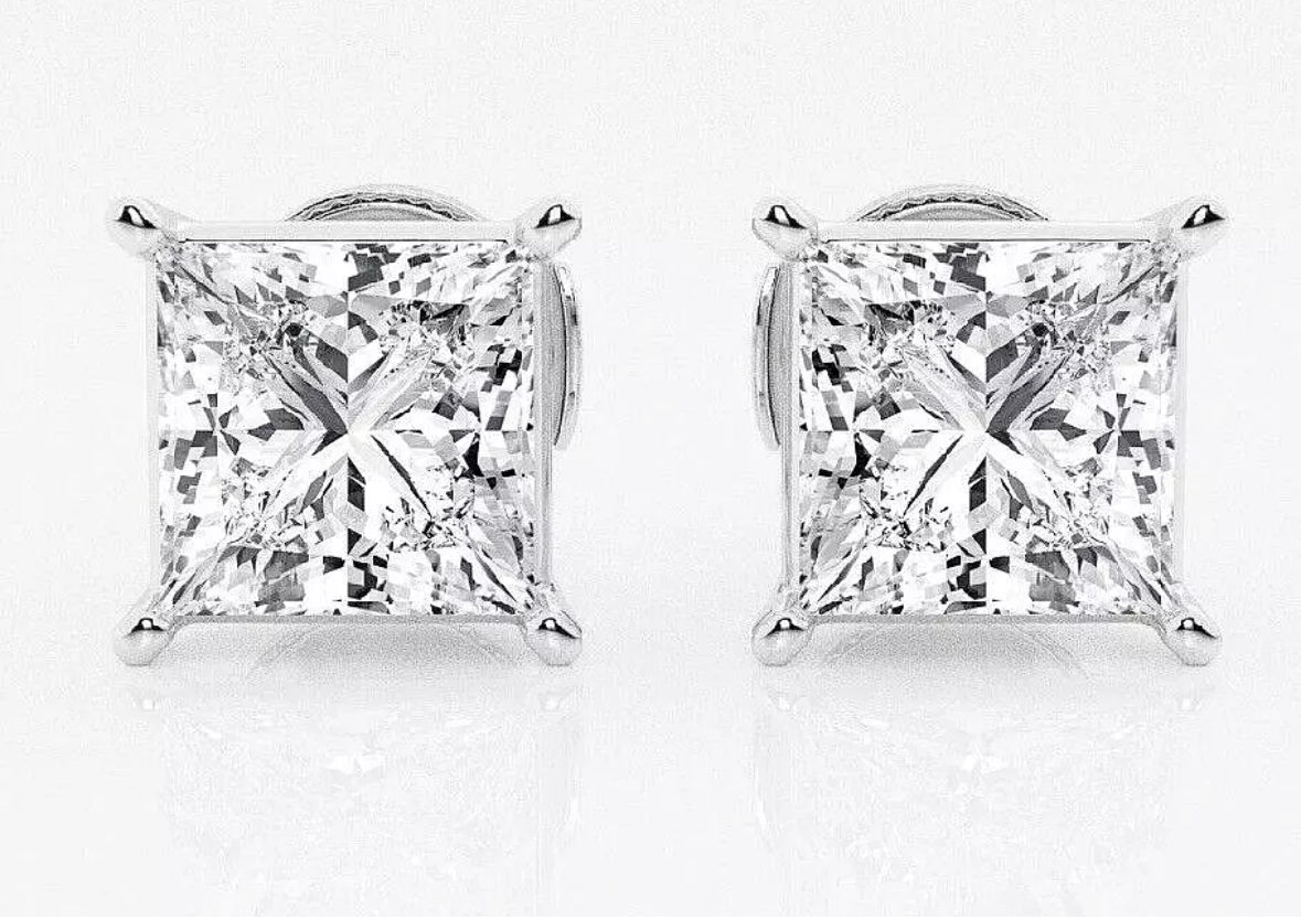 3 Ct Princess Cut FL/D GRA Moissanite Stud Earrings 14K Solid White Gold 6.5mm