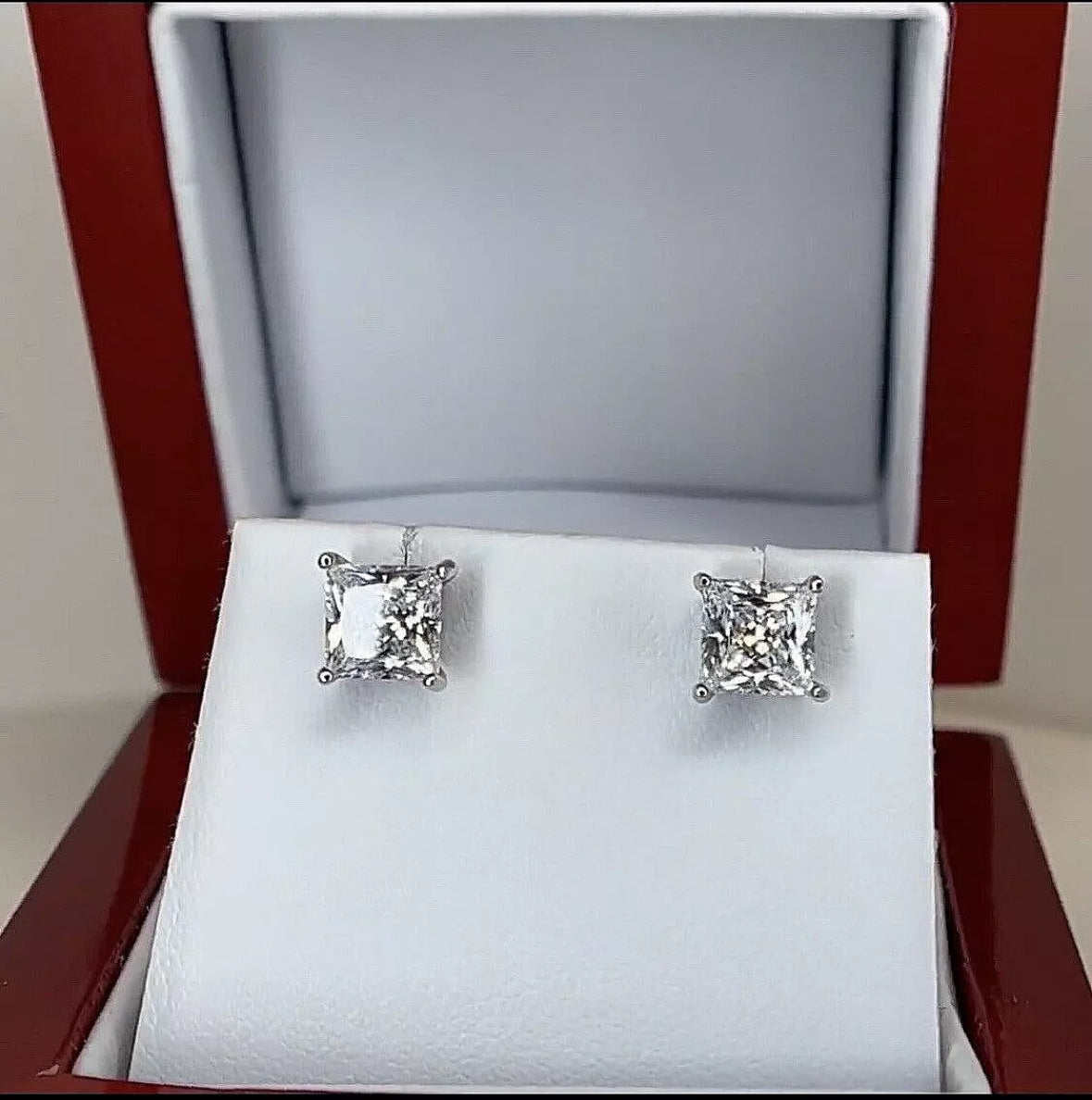 3.00 Ct Princess Cut Certified VVS1/D Real Moissanite Stud Earrings 14K White Gold 6.5mm