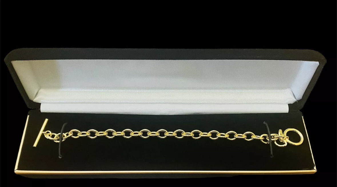 18k Yellow Gold Plated Toggle 7” Long 6mm Width Bracelet Top Quality Value $595