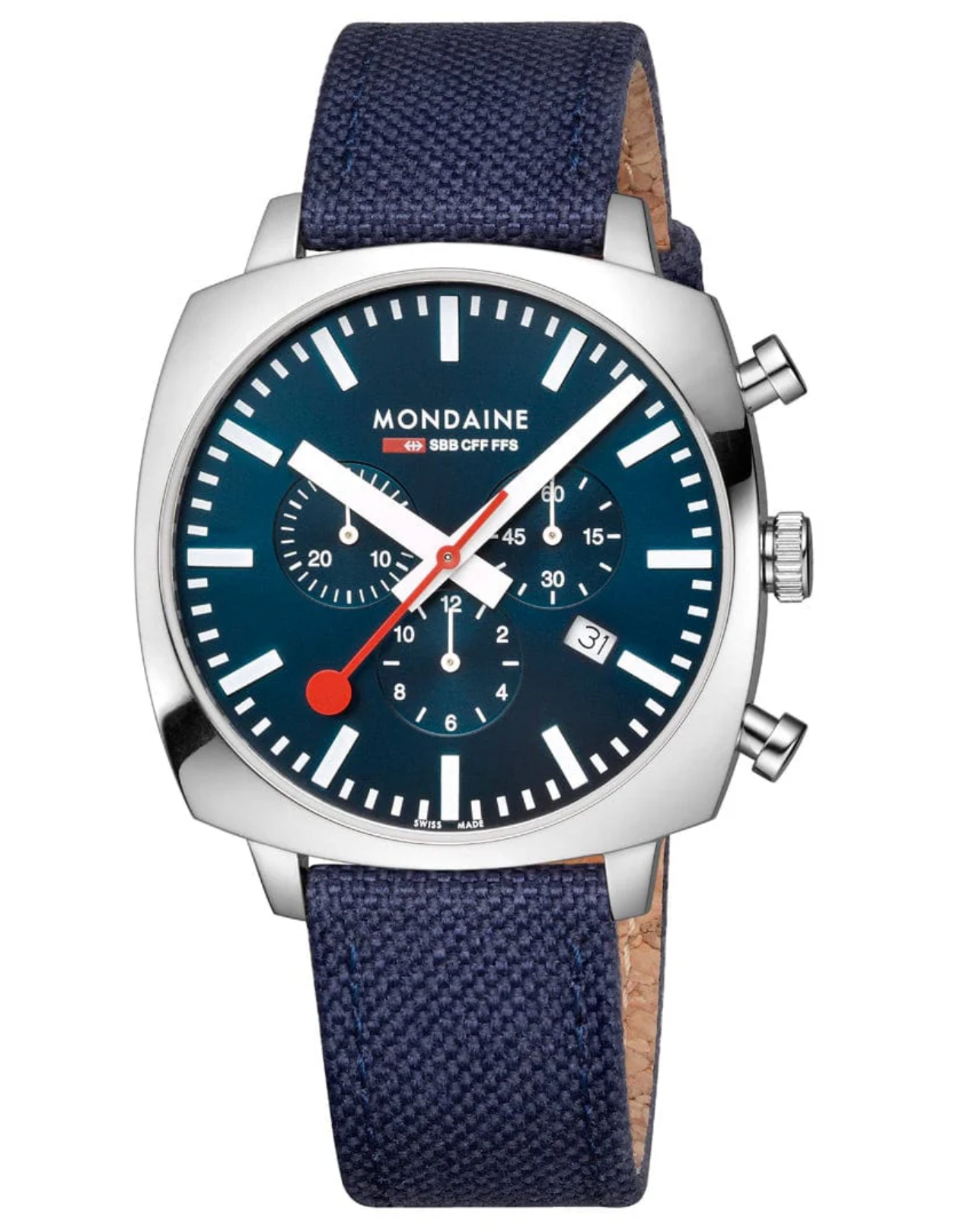 Mondaine Grand Cushion 41mm Chronograph Blue Dial Swiss Watch Set Mesh + Textile