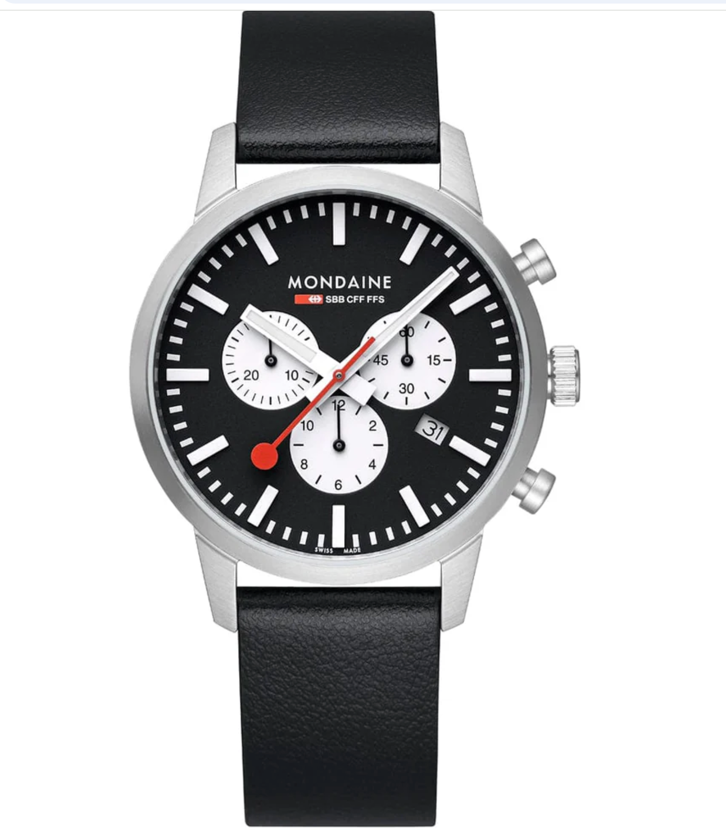 Mondaine NEO Chronograph 41mm Swiss Made Black Vegan Leather Watch MSD.41420.LBV