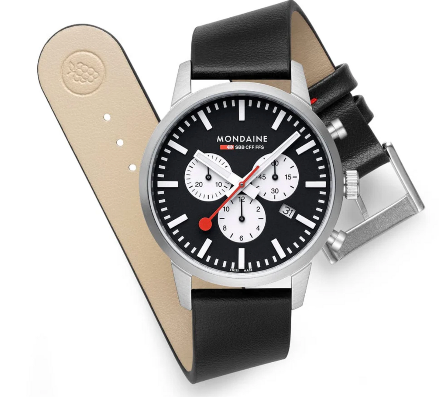 Mondaine NEO Chronograph 41mm Swiss Made Black Vegan Leather Watch MSD.41420.LBV