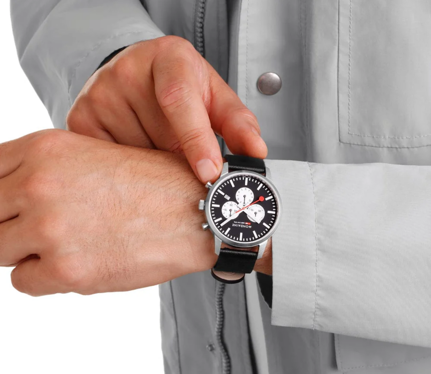Mondaine NEO Chronograph 41mm Swiss Made Black Vegan Leather Watch MSD.41420.LBV