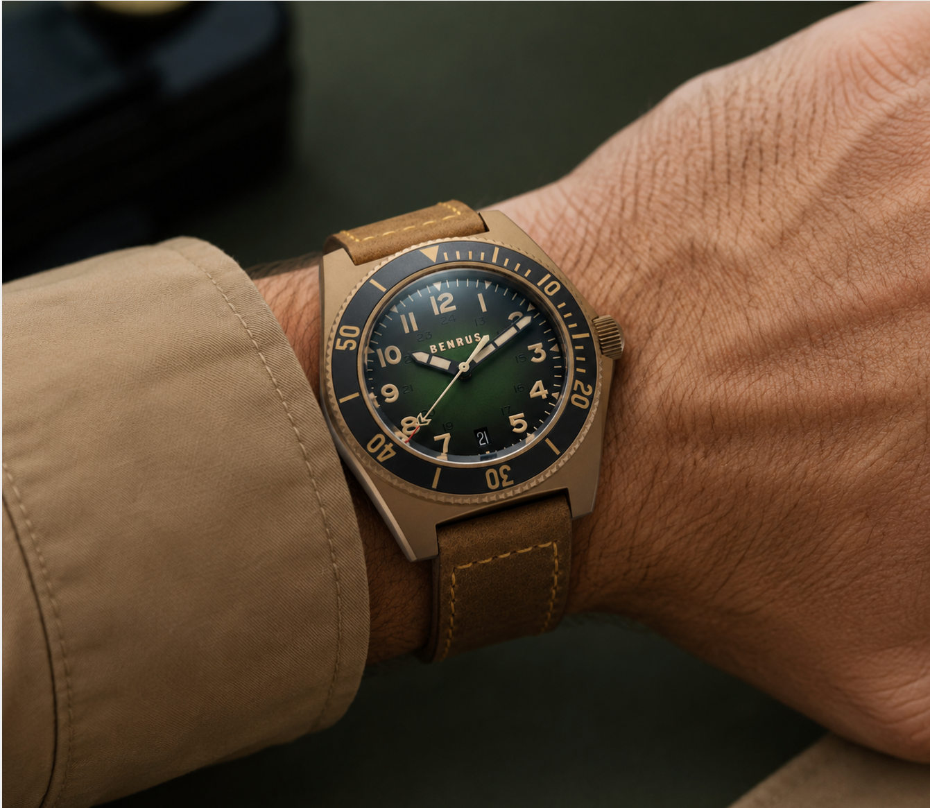 Benrus TYPE 2 UJ Swiss Made Automatic Watch 41.5mm Bronze PVD Sapphire Crystal
